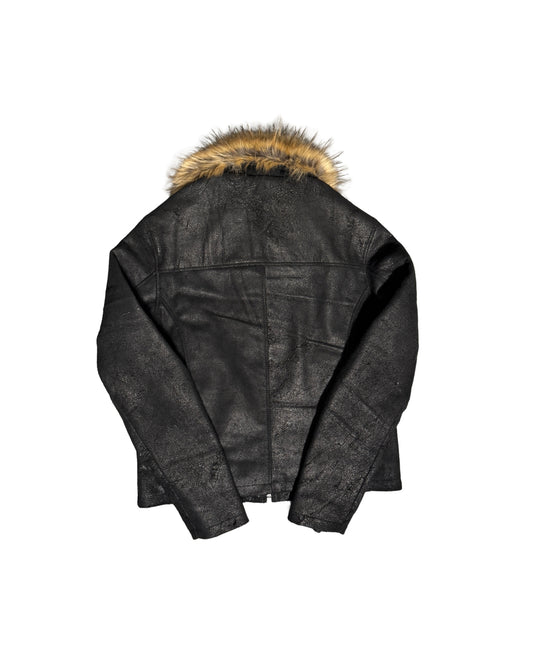 Black Fur Collar Buffalo Leather Jacket