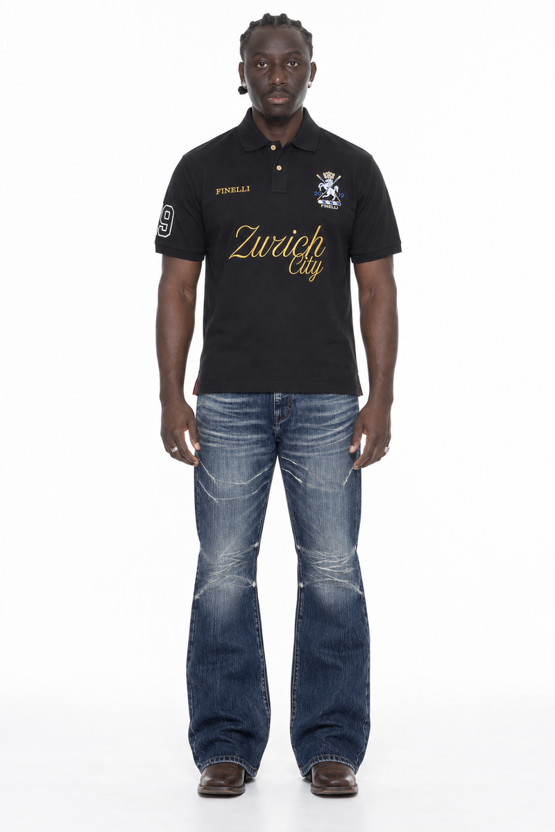 FINELLI Bootcut Denim Pants Deep Blue Tint – Lamin, front view, black Zurich City Polo and brown Ariat boots