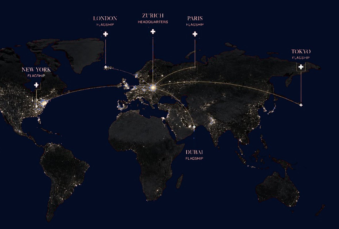 FINELLI Flagship Map — Zürich HQ, London, Paris, New York, Tokyo, Dubai