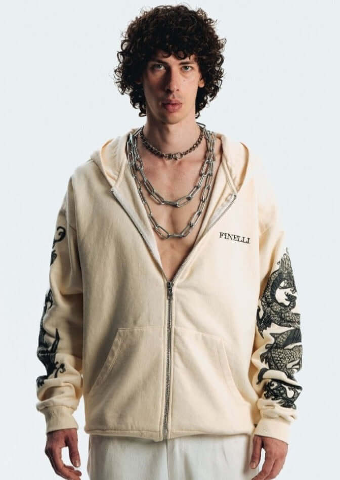 FINELLI Dragon Sleeves Zipper Hoodie Offwhite - Finelli