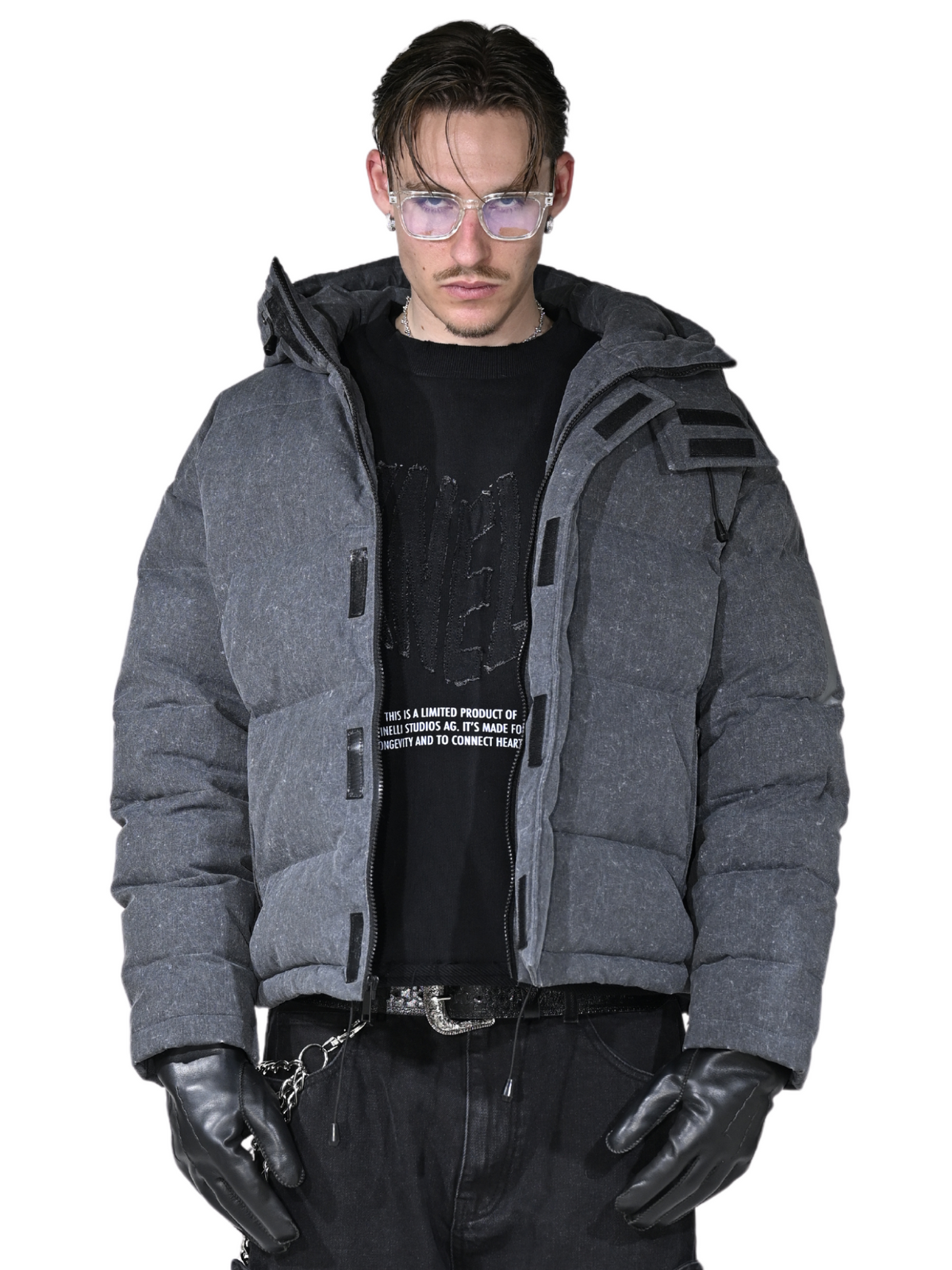 Washed Grey Puffer Jacket – FINELLI oversized puffer jacket, front view