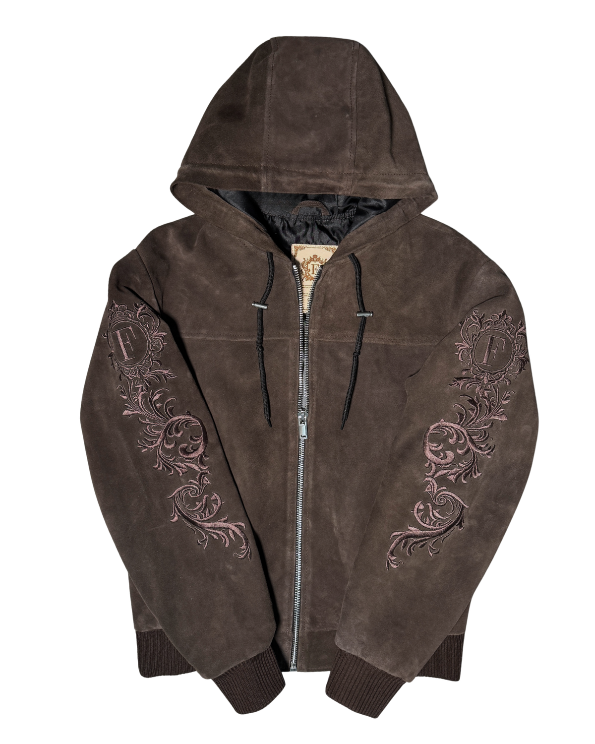 Suede embroidery jacket Brown – FINELLI genuine leather jacket men, front view