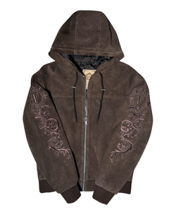 Suede embroidery jacket Brown – FINELLI genuine leather jacket men, front view