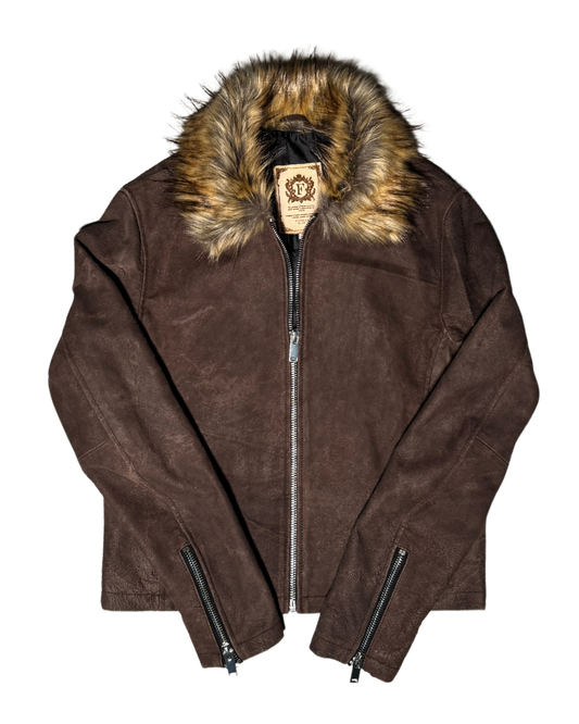 Brown Fur Collar Buffalo Leather Jacket