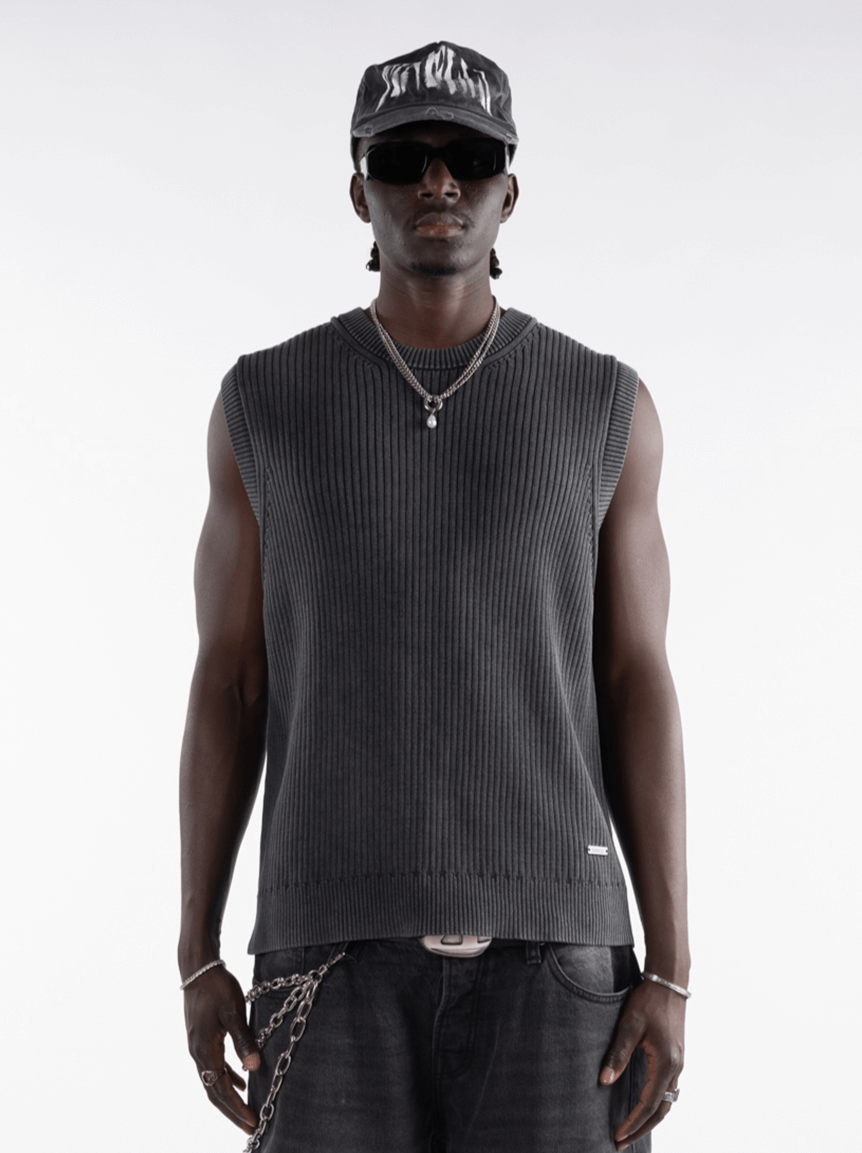 Grey Knit Vest – FINELLI knit sweater, back view