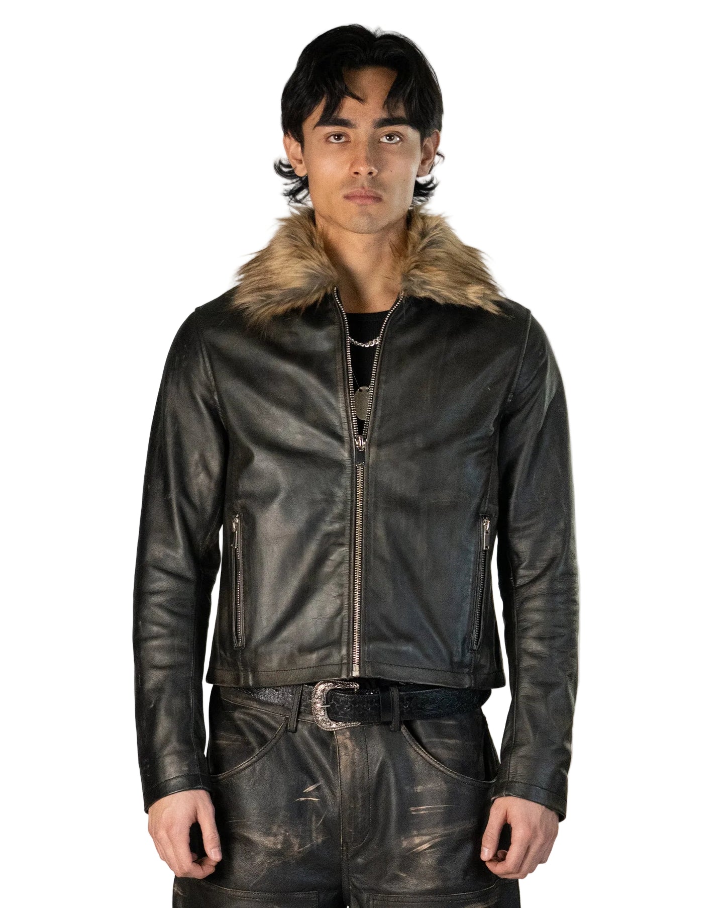 Brown Fur Collar Leather Jacket
