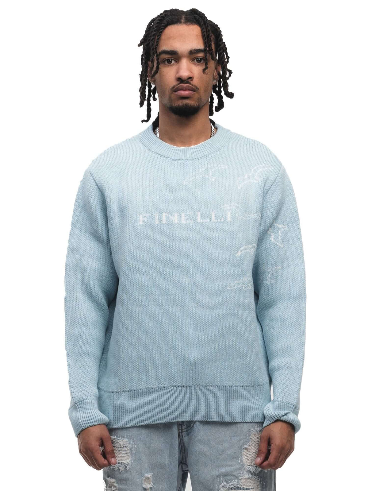 Free Birds Knit Sweater Blue – FINELLI knit sweater, back view