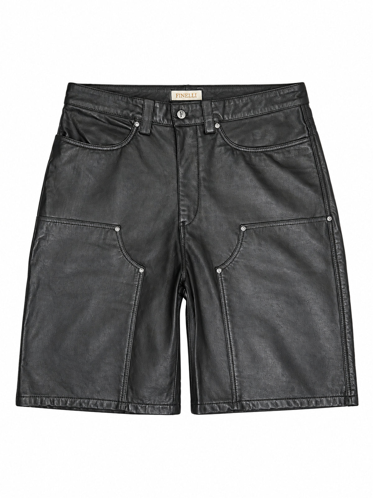 FINELLI Black Leather Shorts – Vorderseite auf weissem Hintergrund