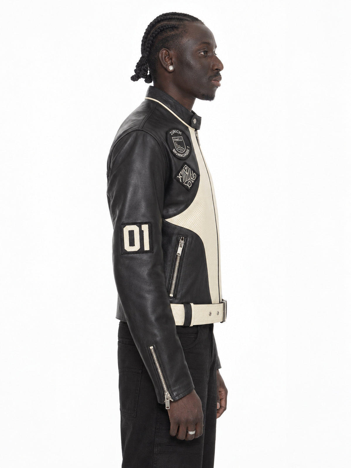 FINELLI Black Leather Zurich Patch Jacket – Lamin, side view