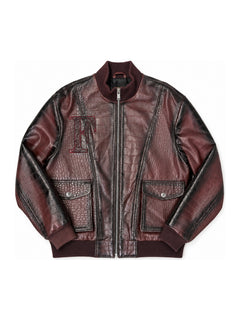 FINELLI Croc Pattern Leather Jacket in Burgundy – front flat lay