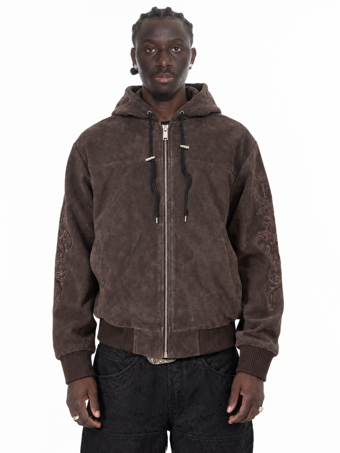 Suede embroidery jacket Brown – Lamin, Detailansicht