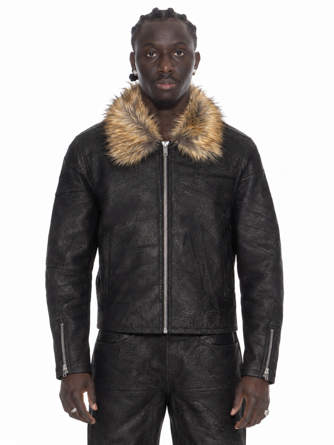 Black Fur Collar Buffalo Leather Jacket – Lamin, zweite Vorderansicht, gerade Kataloghaltung