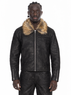 Black Fur Collar Buffalo Leather Jacket – Lamin, zweite Vorderansicht, gerade Kataloghaltung
