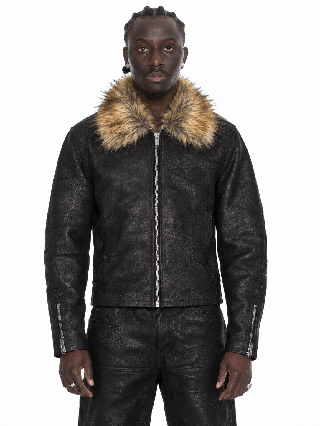 Black Fur Collar Buffalo Leather Jacket – Lamin, Vorderansicht, gerade Kataloghaltung