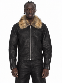 Black Fur Collar Buffalo Leather Jacket – Lamin, Vorderansicht, gerade Kataloghaltung