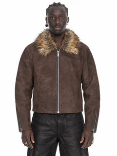 Brown Fur Collar Buffalo Leather Jacket – Lamin, zweite Vorderansicht, gerade Kataloghaltung