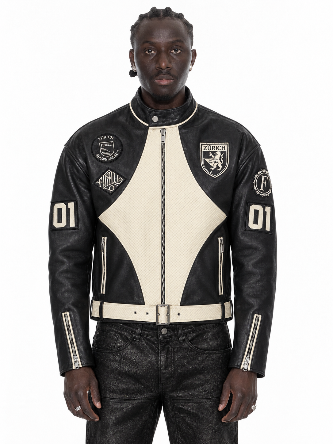 Black Leather Zurich Patch Jacket – Lamin, zweite Vorderansicht, gerade Kataloghaltung