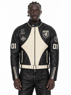 Black Leather Zurich Patch Jacket – Lamin, zweite Vorderansicht, gerade Kataloghaltung