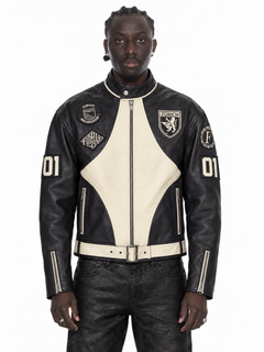 Black Leather Zurich Patch Jacket – Lamin, Vorderansicht