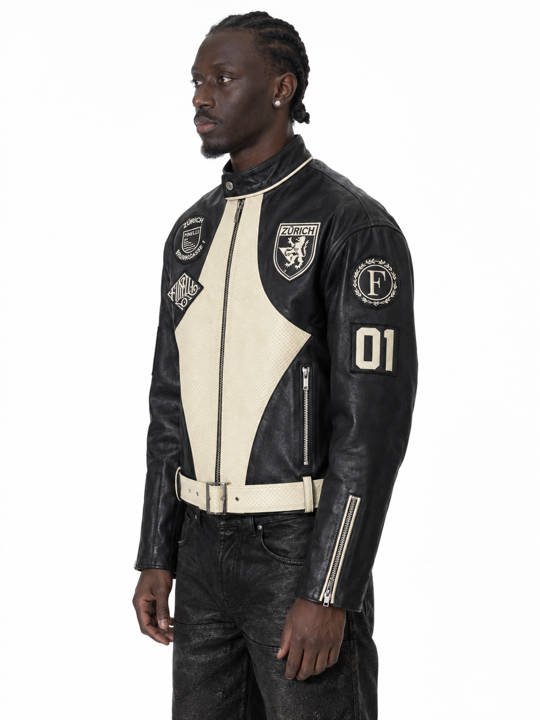 Black Leather Zurich Patch Jacket – Lamin, seitliche Ansicht