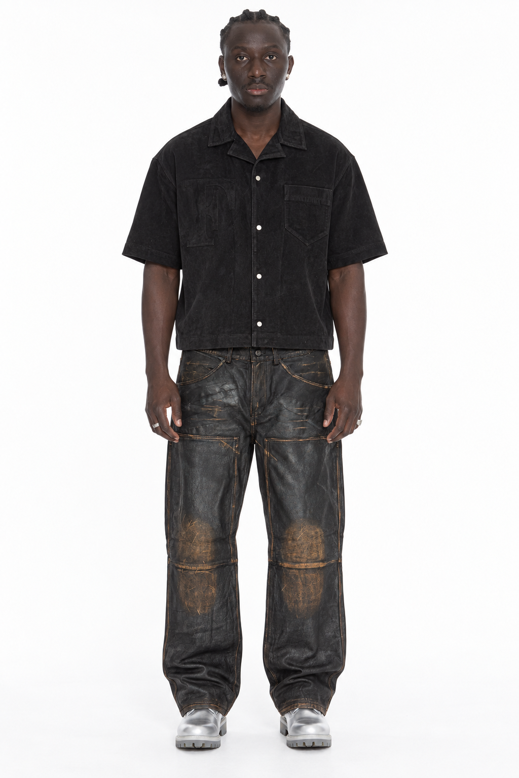 FINELLI Brown Leather Pants – Lamin, zweite Vorderansicht, gerade Kataloghaltung