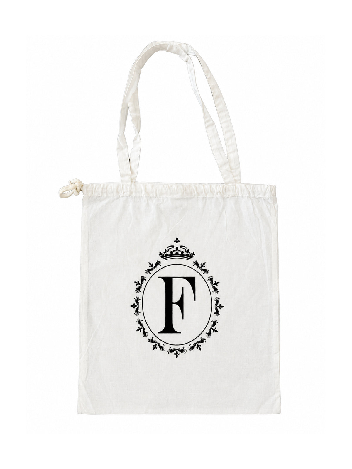 Cream-white FINELLI tote bag with black crowned F crest, long handles and drawstring top