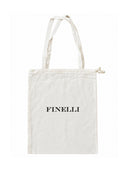Reverse of the cream-white FINELLI tote bag with black FINELLI wordmark, long handles and drawstring top