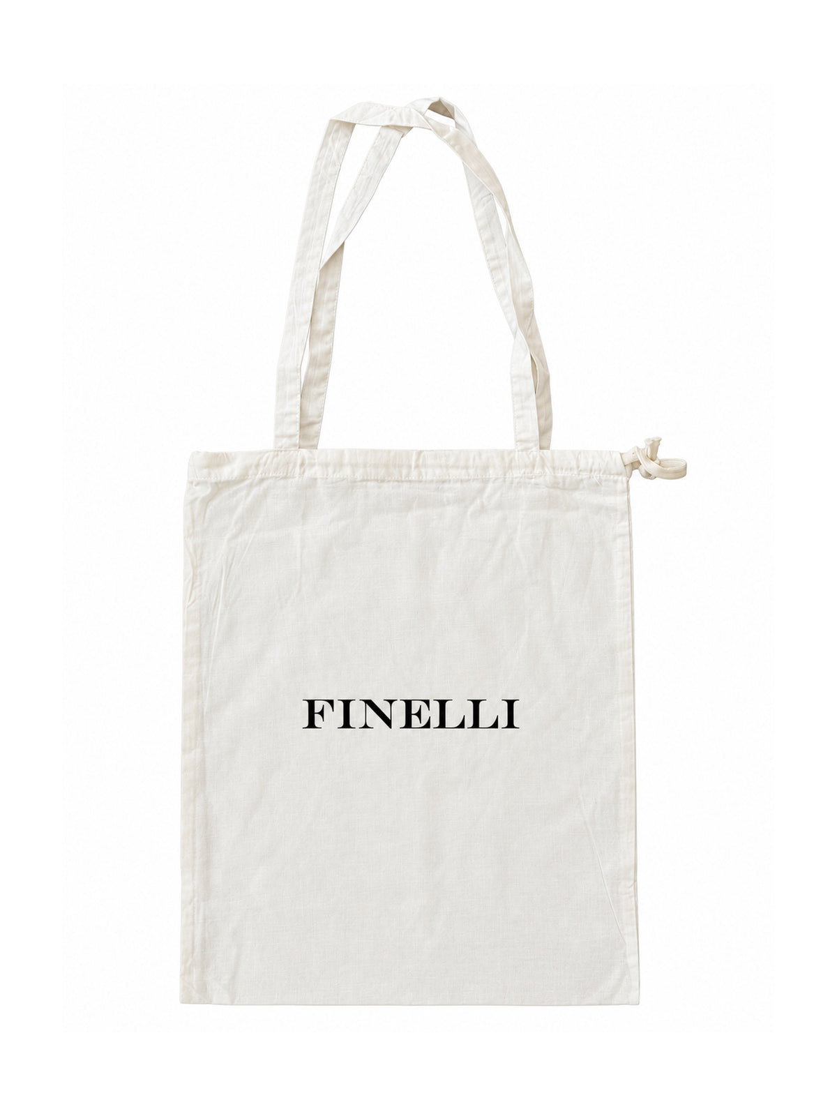 Reverse of the cream-white FINELLI tote bag with black FINELLI wordmark, long handles and drawstring top