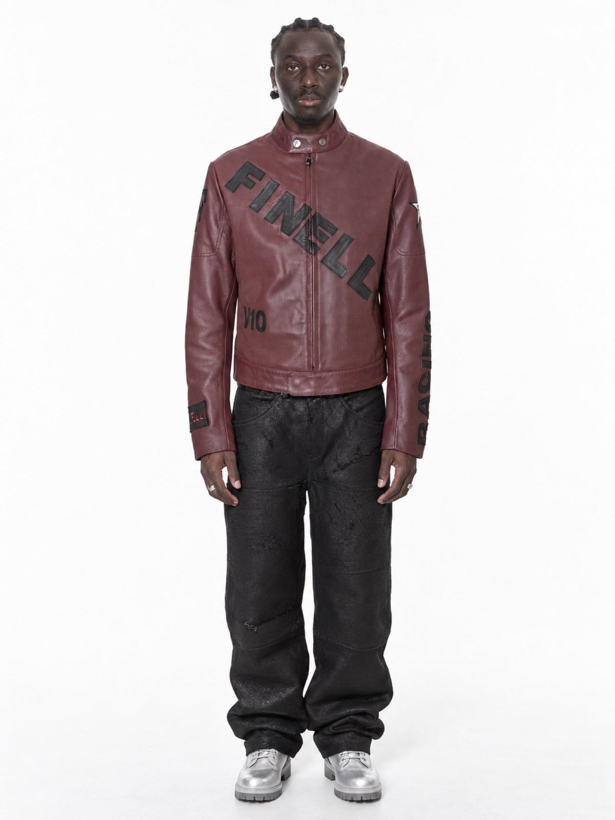 FINELLI Red Leather Zurich Jacket – front view on the model with black leather pants and silver boots