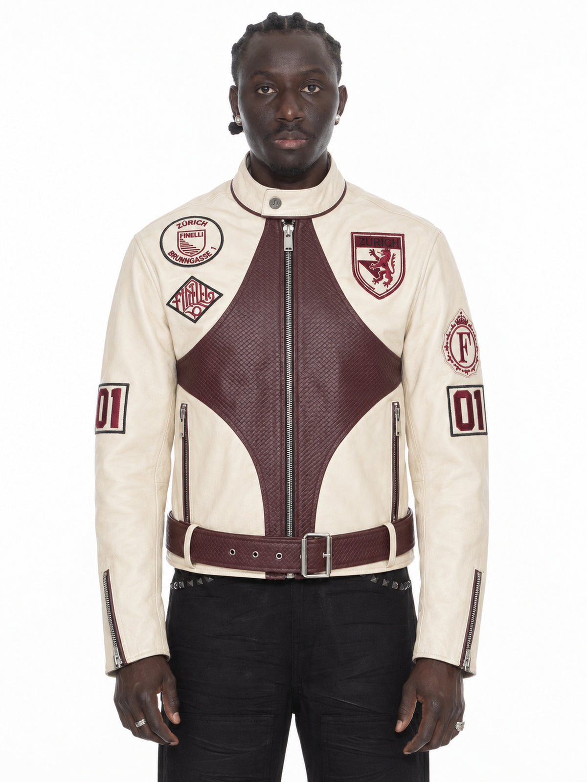 FINELLI Red Leather Star Jacket – Lamin, front view, cream and burgundy