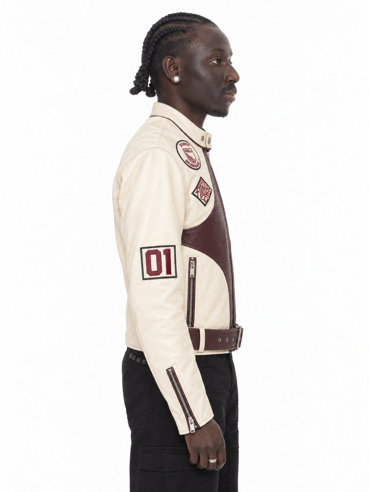 FINELLI Red Leather Star Jacket – Lamin, side view, cream and burgundy