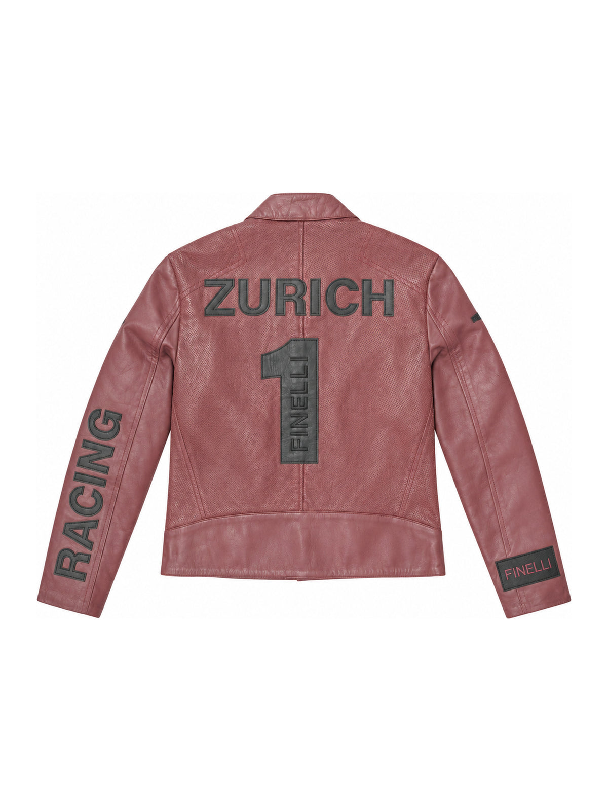 FINELLI Red Leather Zurich Jacket – back view, ZURICH and number 1 with FINELLI appliqués