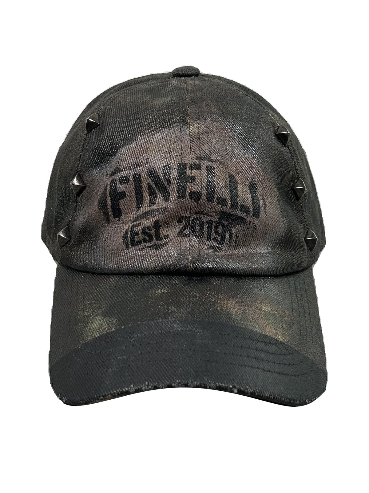 FINELLI Studded Washed Cap – front with washed-out finish, pyramid studs and FINELLI print