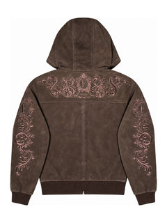 FINELLI Suede embroidery jacket Brown – Rückansicht mit originaler F-Ornamentstickerei