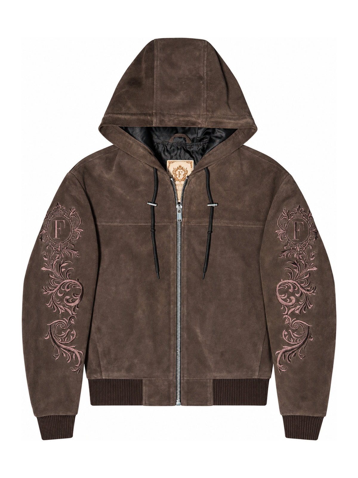 FINELLI Suede embroidery jacket Brown – Vorderansicht mit Kapuze und Ärmelstickerei