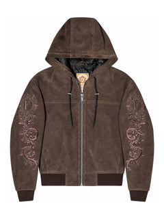 FINELLI Suede embroidery jacket Brown – Vorderansicht mit Kapuze und Ärmelstickerei