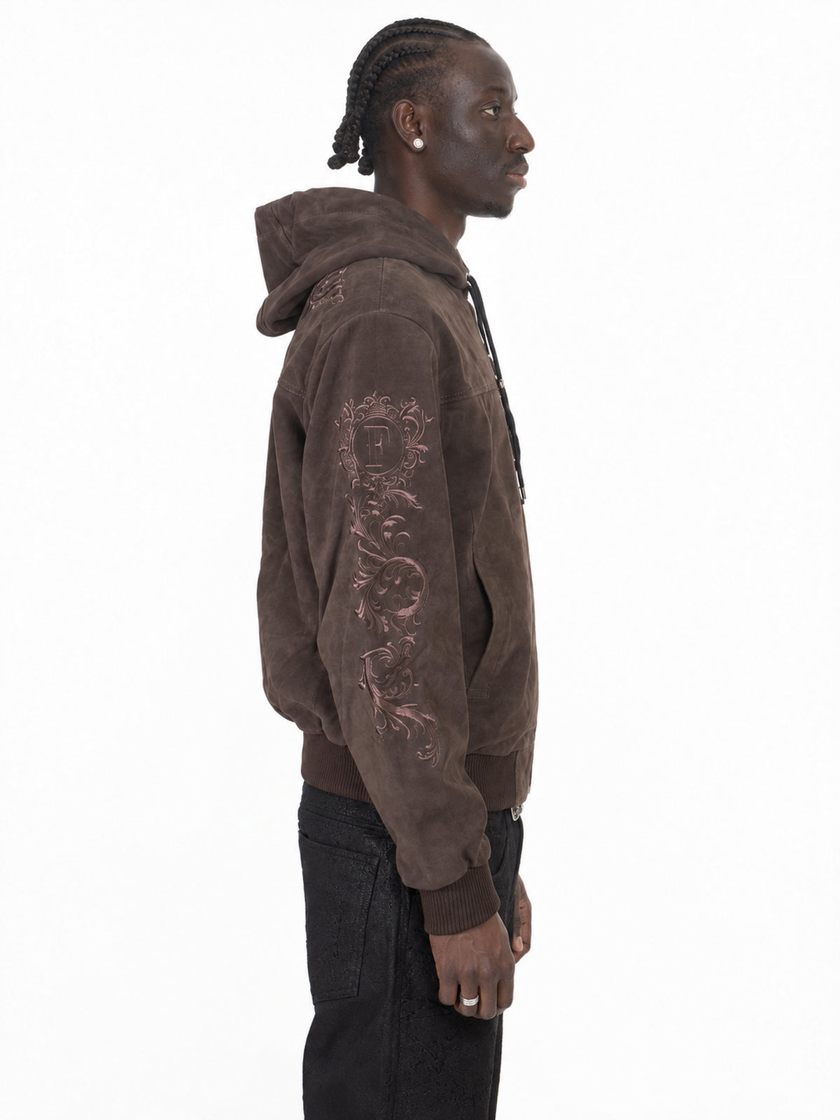 FINELLI Suede embroidery jacket Brown – Seitenansicht am Model