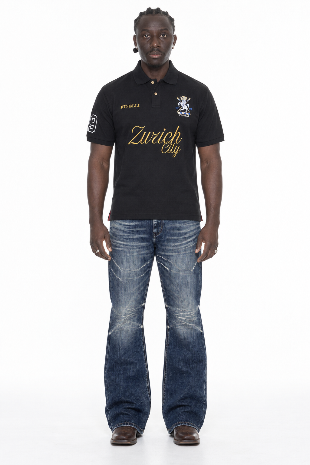 Zürich City Polo Black – Lamin, front view with Deep Blue Tint bootcut denim and brown Ariat boots