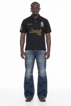 Zürich City Polo Black – Lamin, front view with Deep Blue Tint bootcut denim and brown Ariat boots