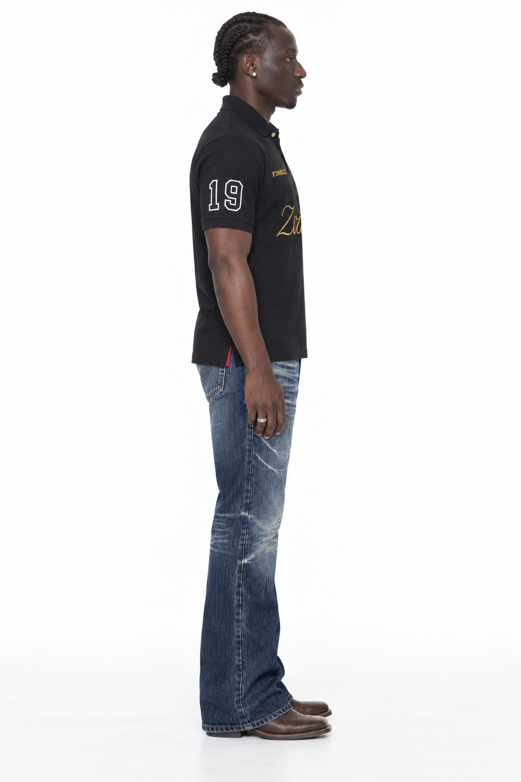 Zürich City Polo Black – Lamin, side view showing sleeve number 19 and red hem vent